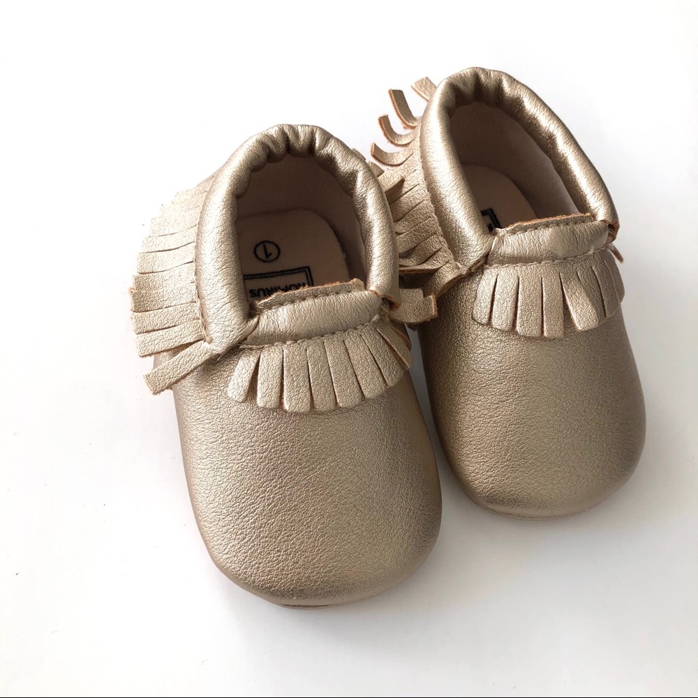 🦌 3/$20 Champagne Gold Baby Moccasins